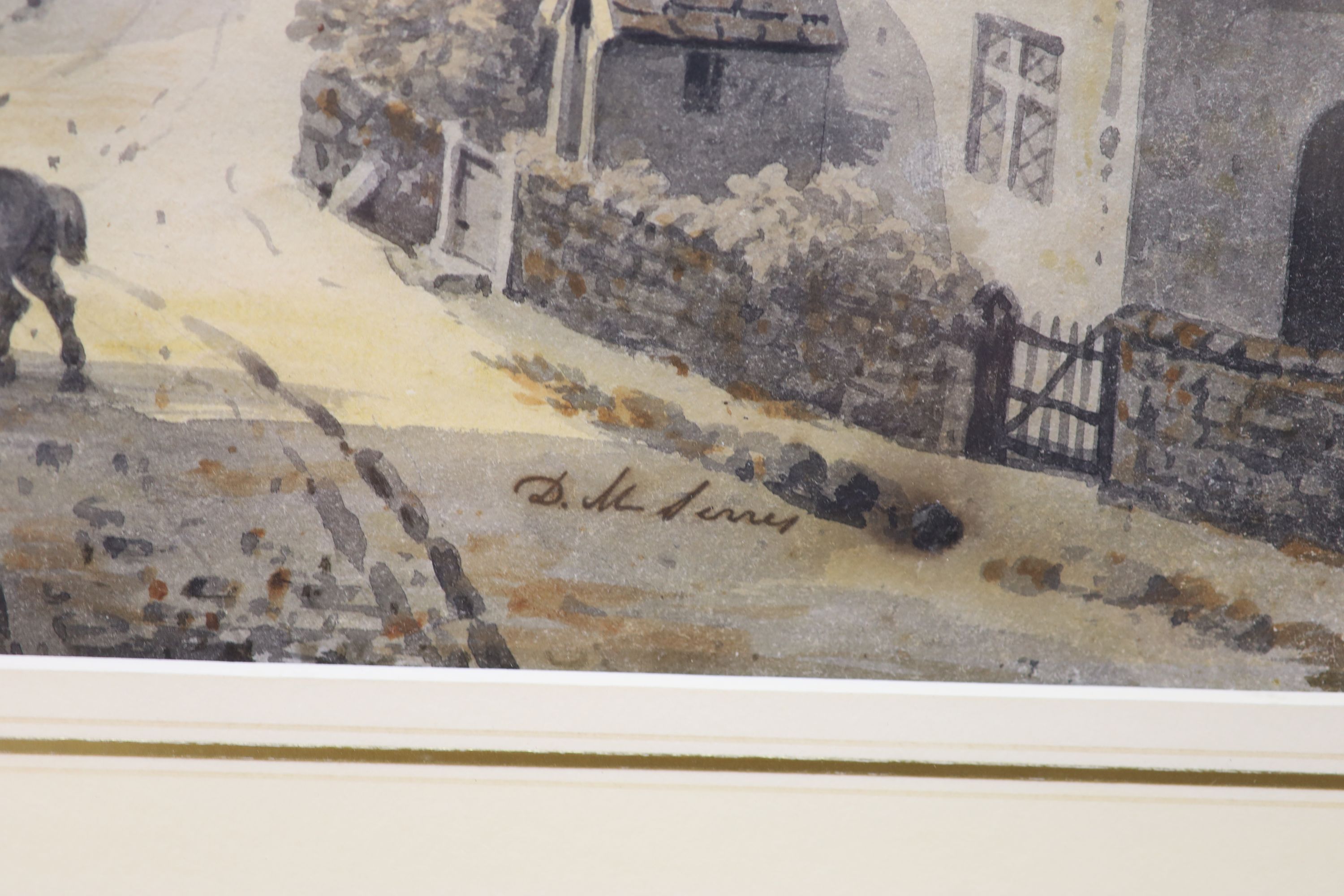 Dominic M. Serres (fl.1778-1804), watercolour, Horseman in a coastal village, signed, 24 x 35cm
